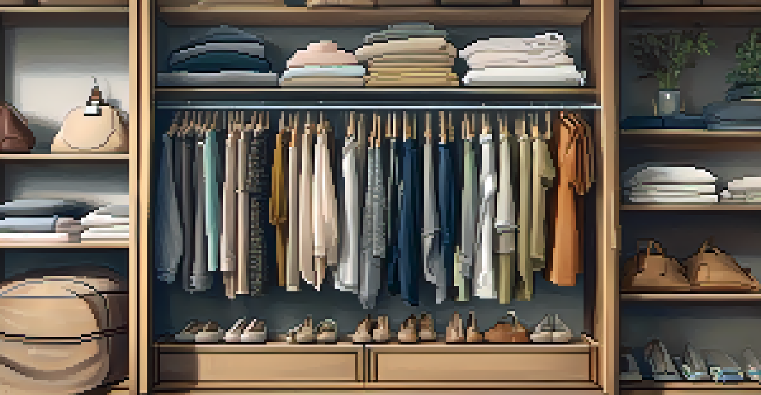 An organized wardrobe showcasing sustainable fashion pieces, including vintage clothing and organic cotton shirts, illuminated by warm lighting.