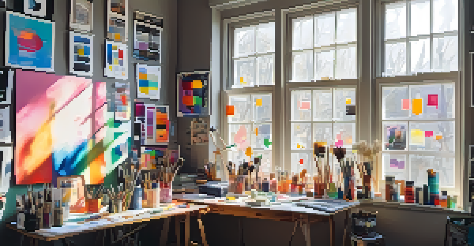 An artistic workspace showcasing a colorful painting of social media icons, surrounded by art supplies and bathed in natural light.