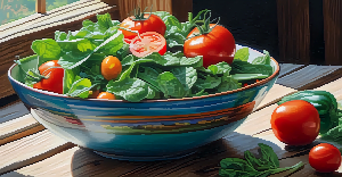 A colorful salad bowl filled with fresh vegetables, illuminated by natural sunlight on a wooden table.