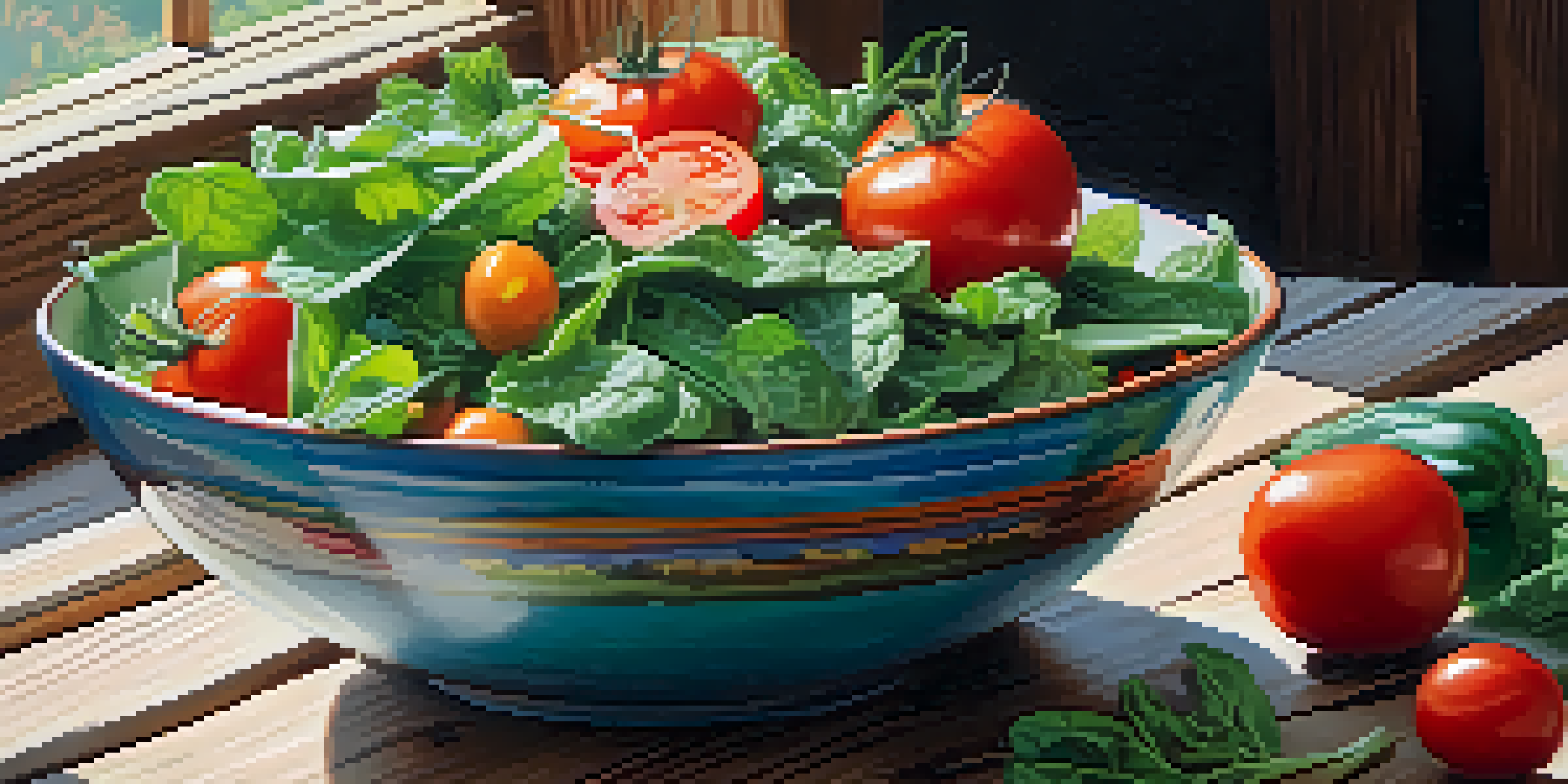 A colorful salad bowl filled with fresh vegetables, illuminated by natural sunlight on a wooden table.
