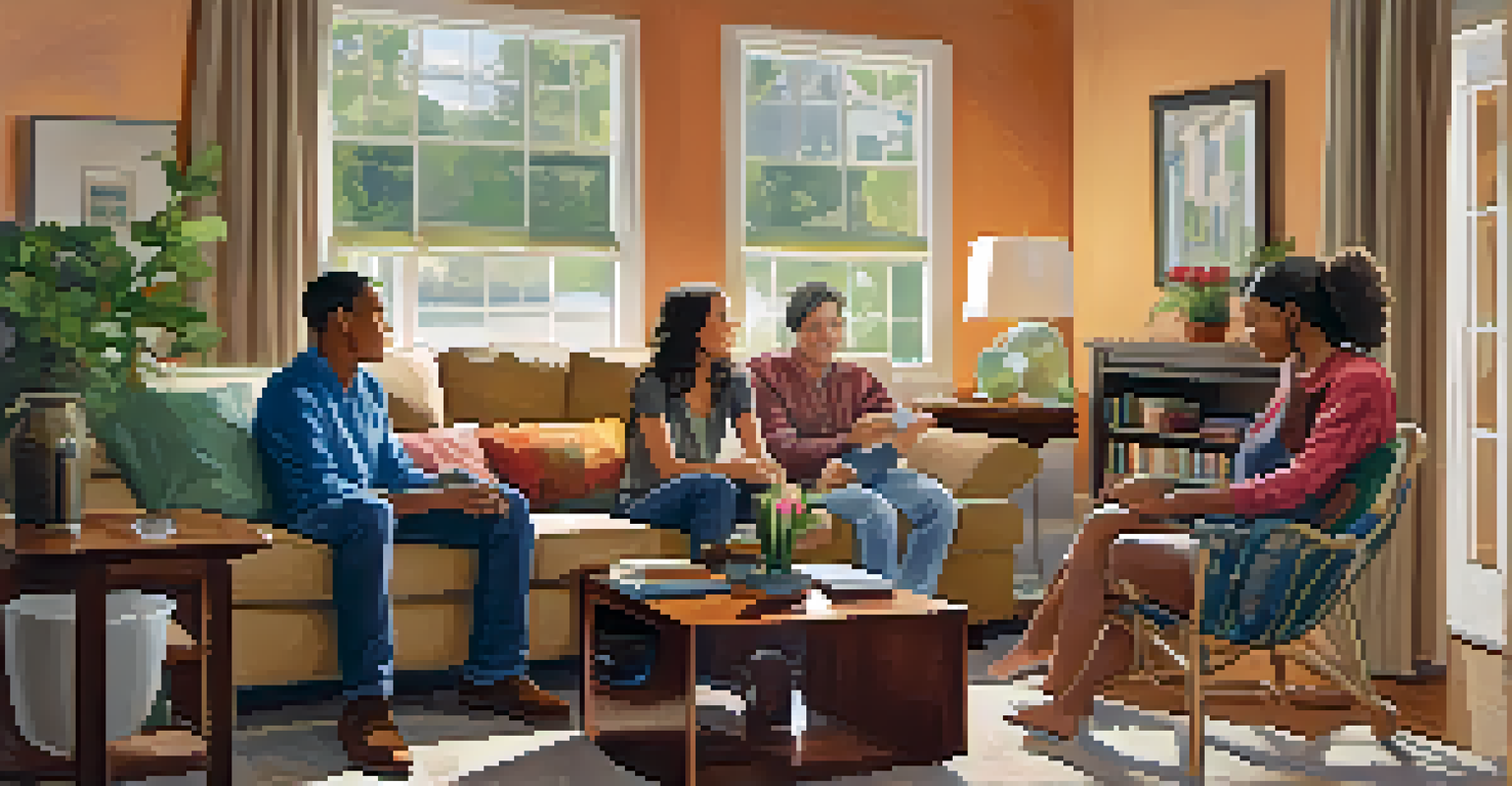 A parent and child having a warm conversation in a cozy living room filled with family photos and vibrant colors.