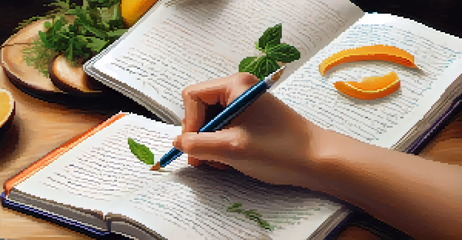 Hands writing in a journal with a plate of food in the background, surrounded by fresh ingredients and warm lighting.