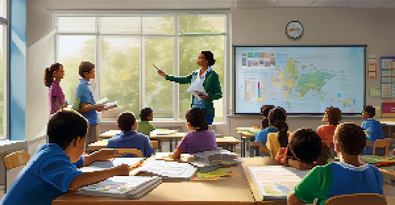 A teacher explaining financial concepts to students in a colorful and well-lit classroom.