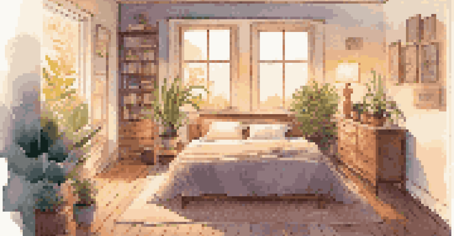 A cozy bedroom with soft evening light, showing a person doing deep-breathing exercises on a yoga mat.