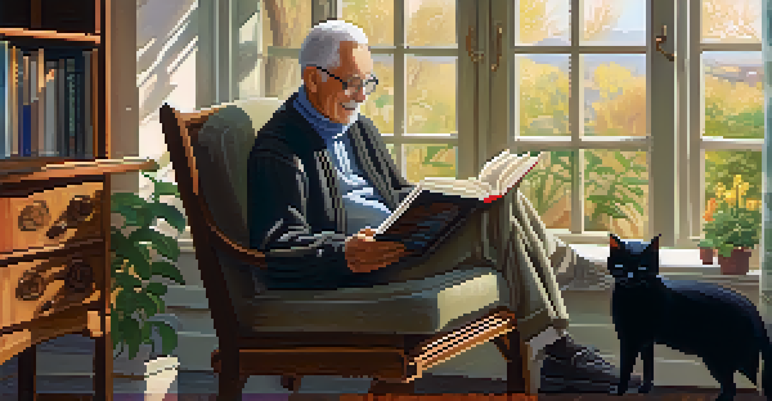 An elderly man reading a book with his black cat on his lap in a sunlit room.