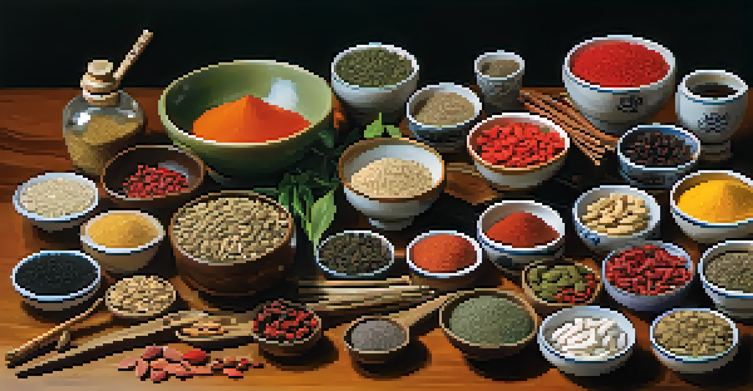 An array of traditional Chinese herbs displayed on a wooden table, showcasing their vibrant colors and textures under natural light.