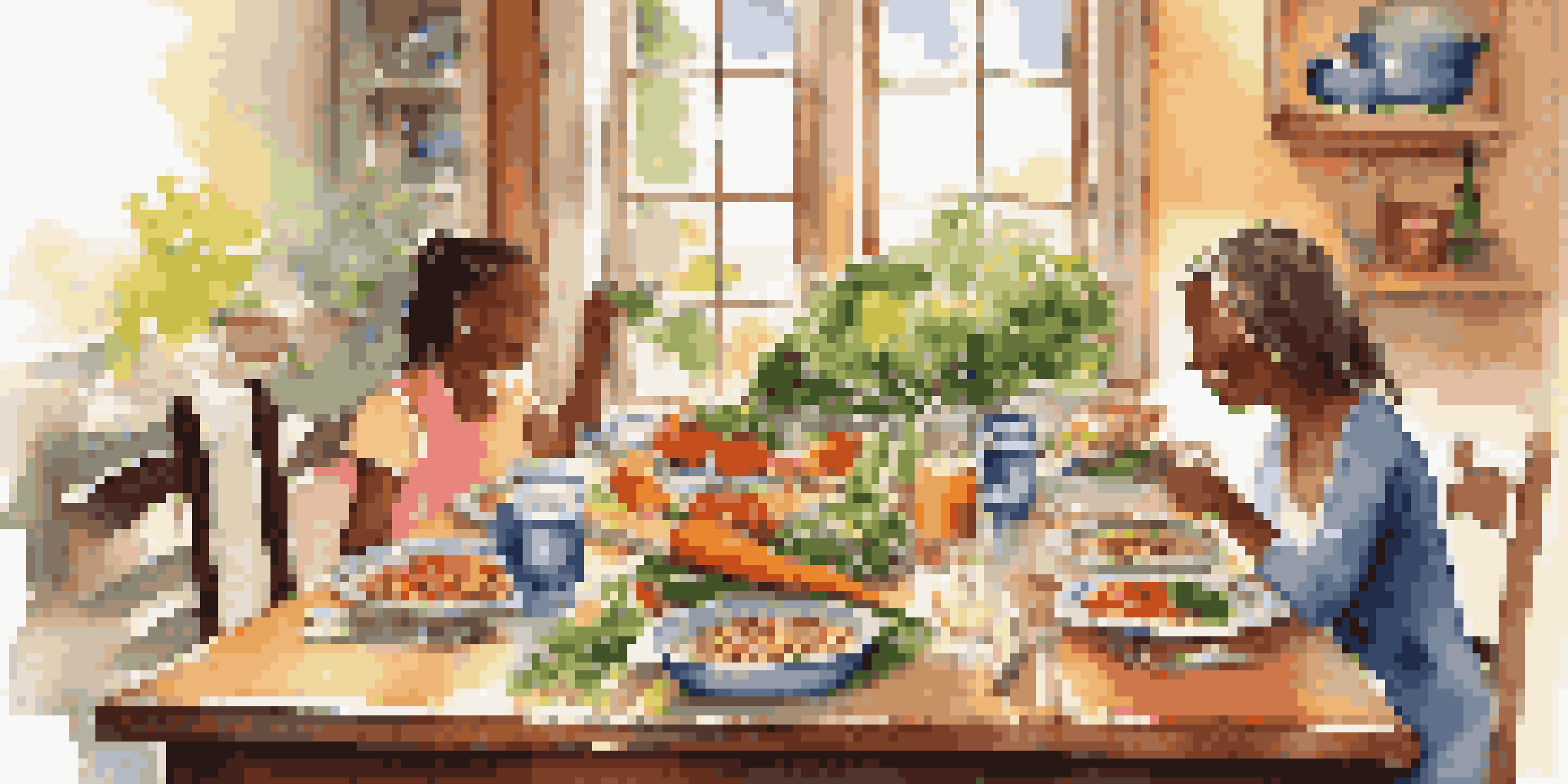 A family dining table set with colorful plates of healthy food including vegetables, proteins, and grains, illuminated by natural light.