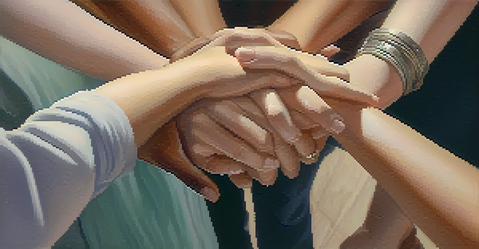 Close-up of diverse hands intertwined, symbolizing support and connection in a group therapy setting.