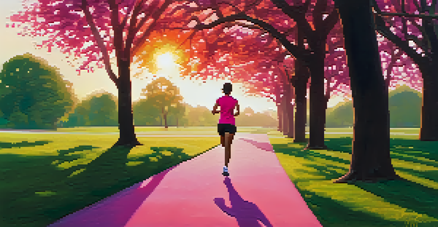 A person jogging in a park at sunrise, with vibrant colors in the sky and lush greenery around.