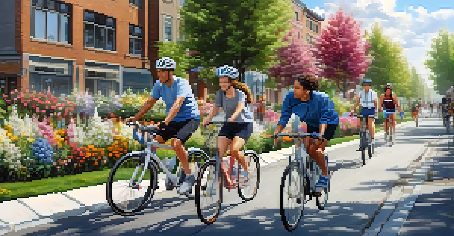 A vibrant city scene with people exercising outdoors amidst flowers, highlighting the significance of a healthy community.