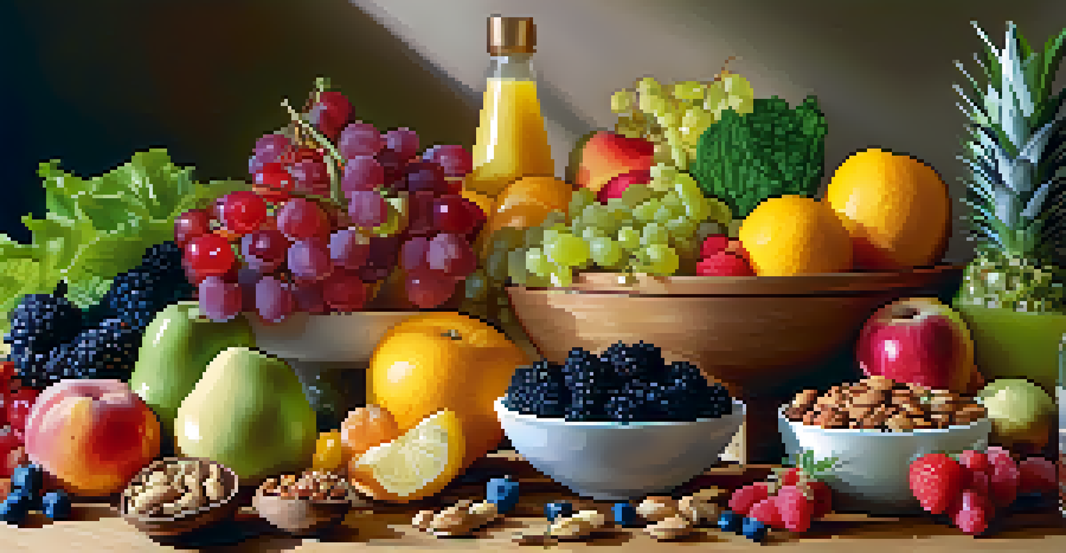 A colorful assortment of fresh fruits, leafy greens, and nuts on a wooden table, representing healthy eating.