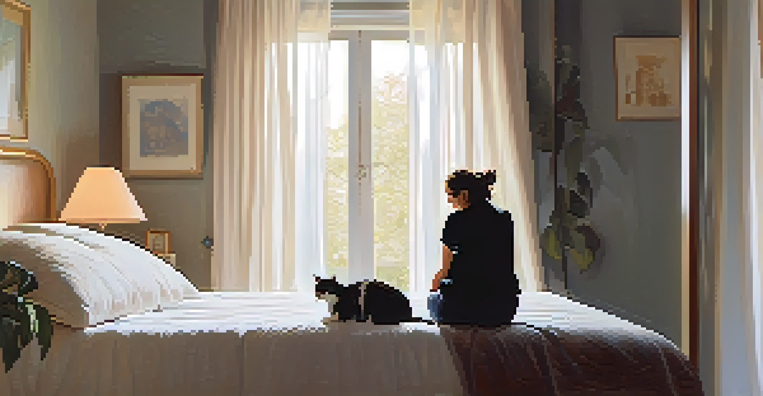 A person sitting on a bed with two cats in a softly lit bedroom, smiling and interacting with them.