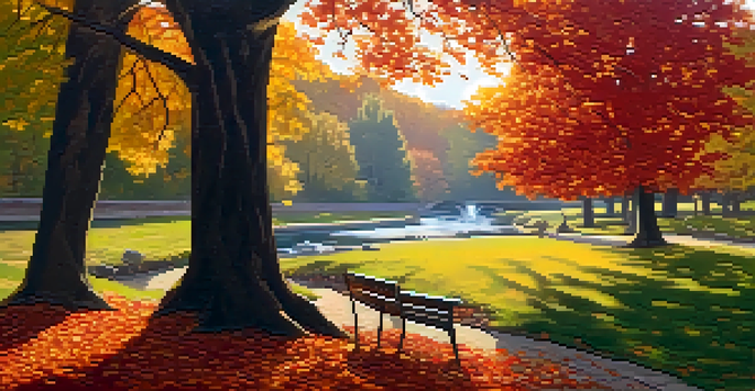 A peaceful park scene in autumn with colorful leaves, a flowing stream, and a person sitting on a bench journaling.