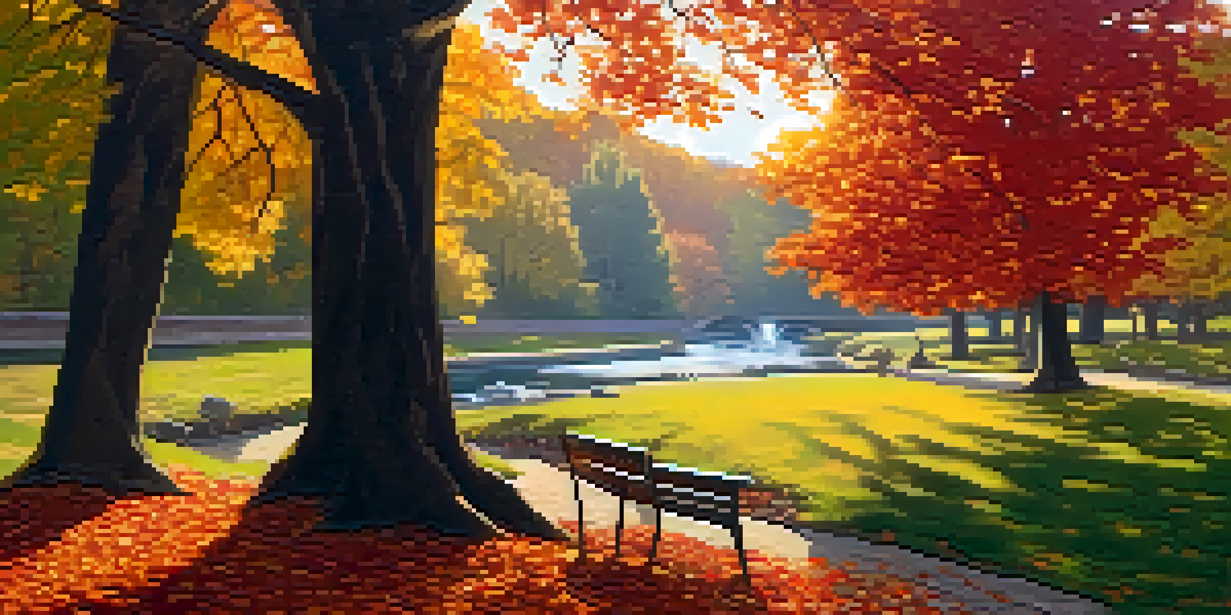 A peaceful park scene in autumn with colorful leaves, a flowing stream, and a person sitting on a bench journaling.