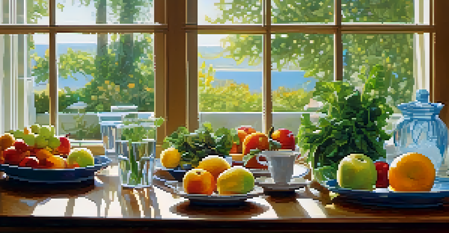 A kitchen table set with a healthy meal including fruits, greens, fish, and water, illuminated by natural light.