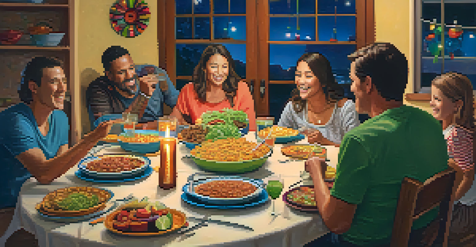 A family enjoying a taco night at the dinner table, filled with laughter and conversation, highlighting the joy of shared meals.