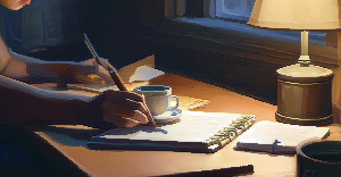 A person journaling in a cozy room with a cup of tea, warm light illuminating the scene.