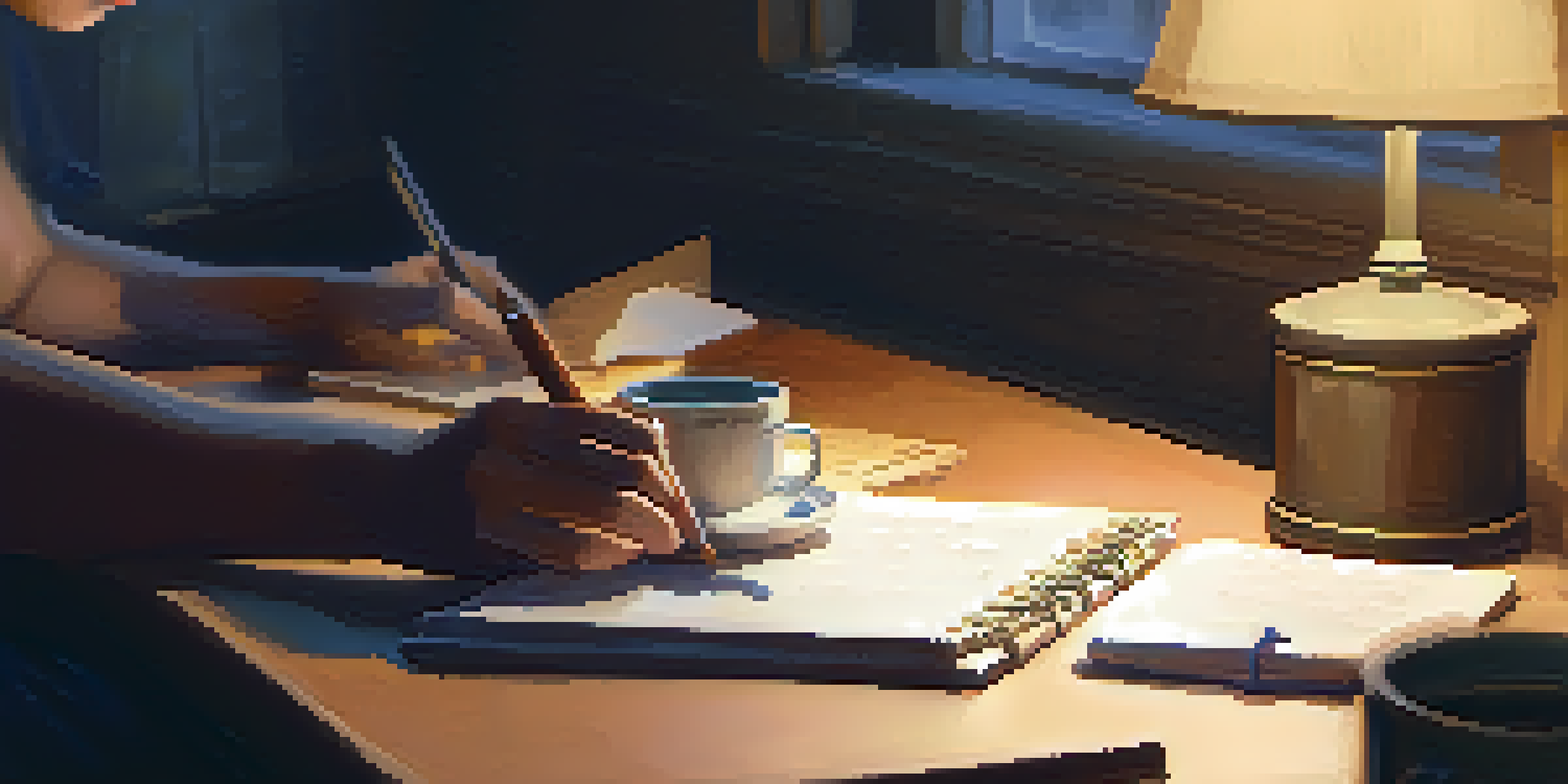 A person journaling in a cozy room with a cup of tea, warm light illuminating the scene.