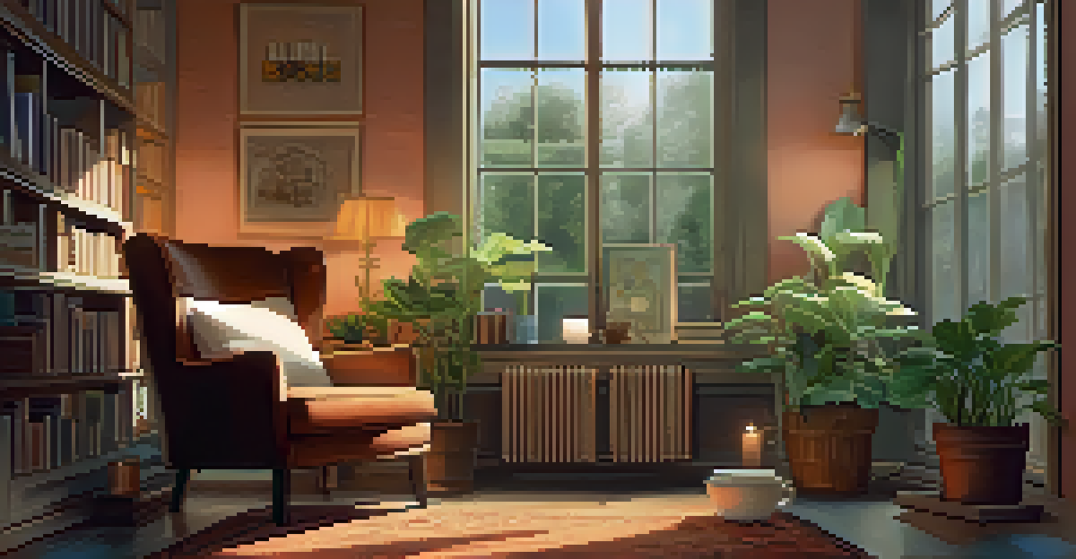 A person sitting in a cozy armchair practicing mindful breathing in a warmly lit room filled with plants and books.