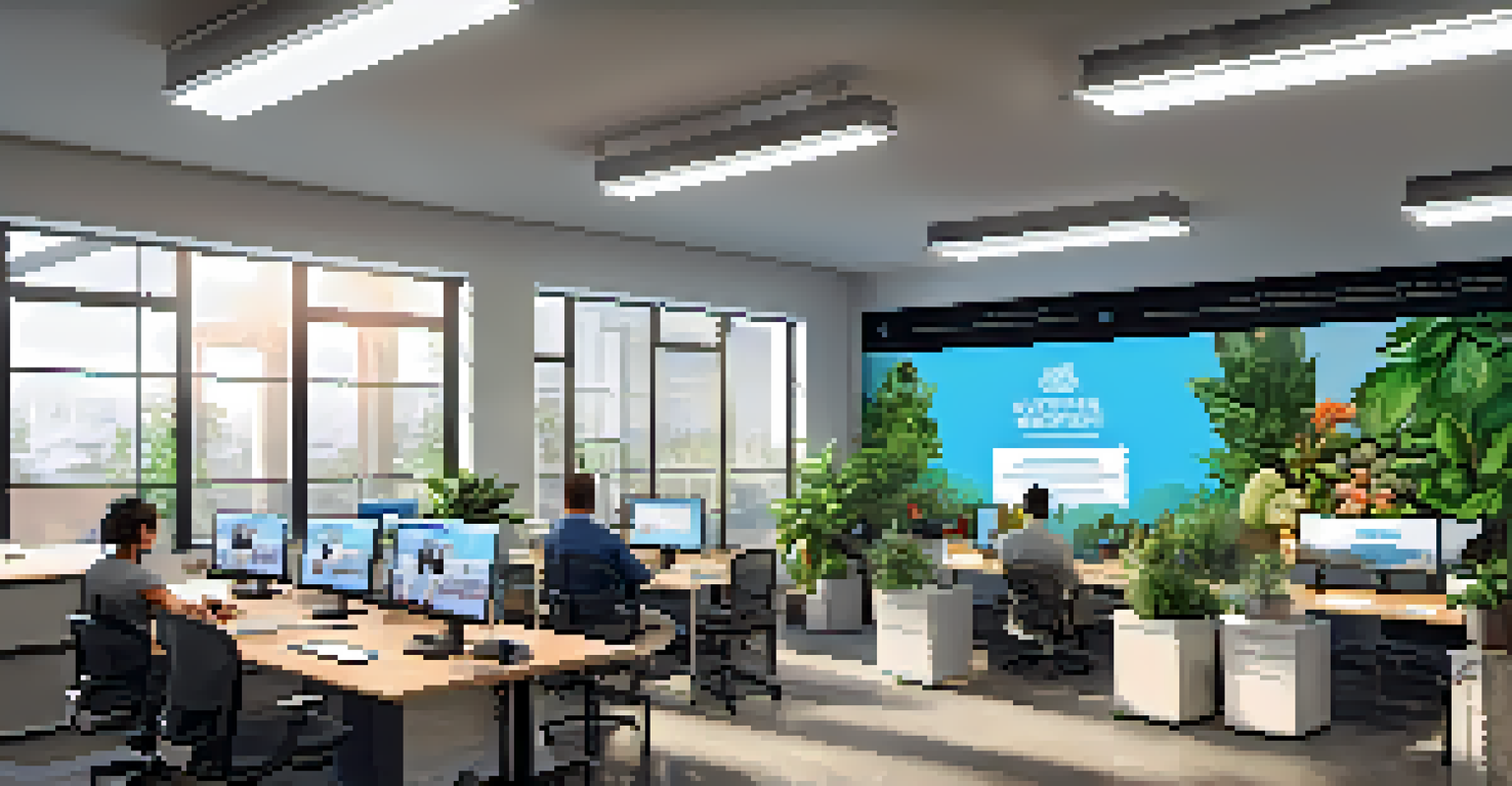 A modern office with staff participating in a virtual guided meditation session at their desks.