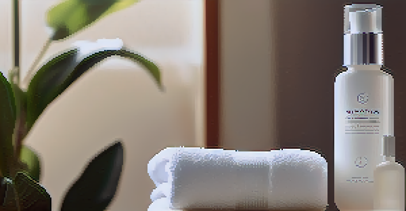 A skincare setup with a biotin-infused serum, a plant, and a towel, softly illuminated in a serene environment.