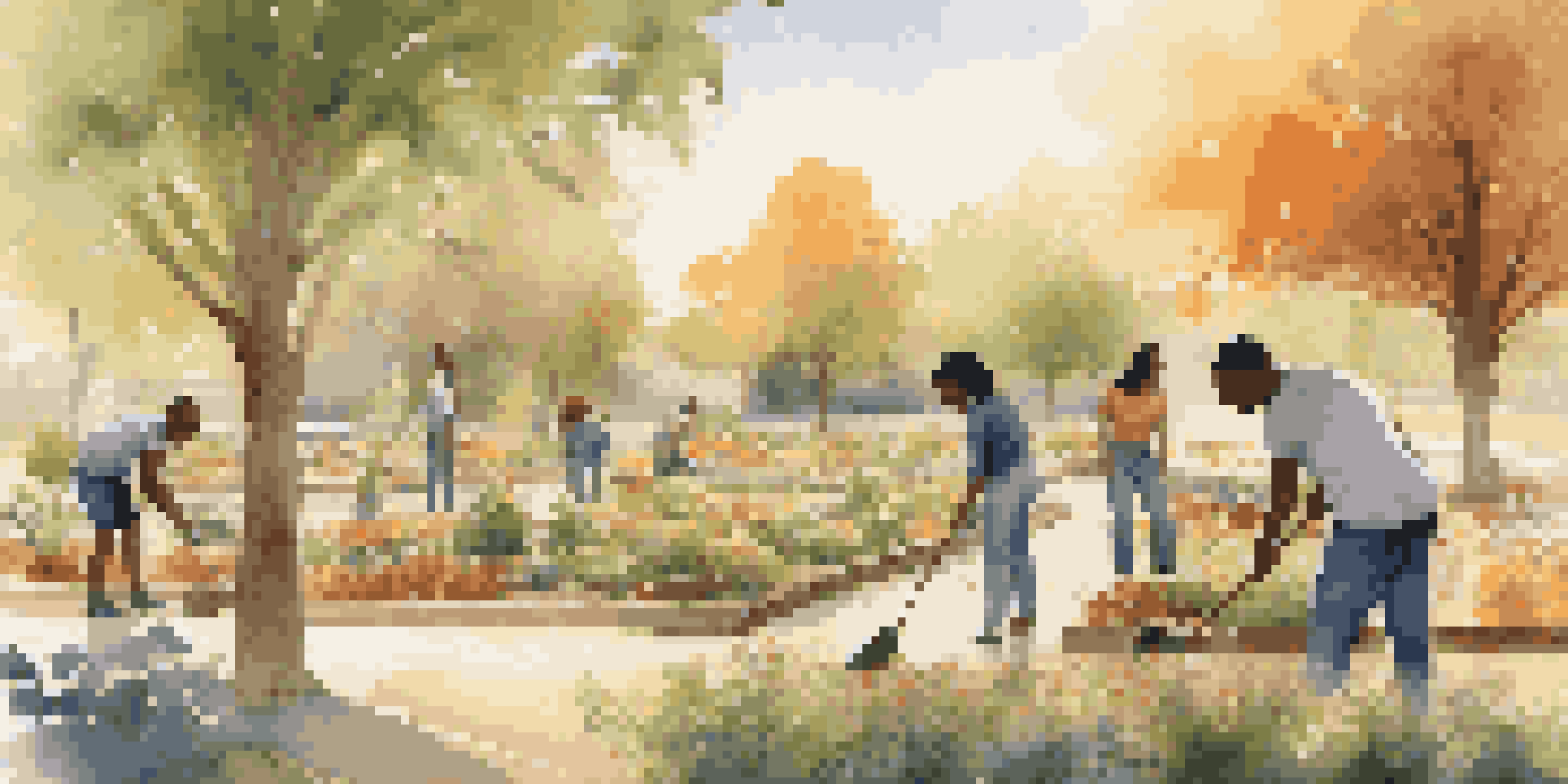 A peaceful park at sunset with people of different ages planting trees and flowers together, highlighting teamwork and community spirit.