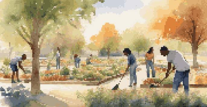 A peaceful park at sunset with people of different ages planting trees and flowers together, highlighting teamwork and community spirit.