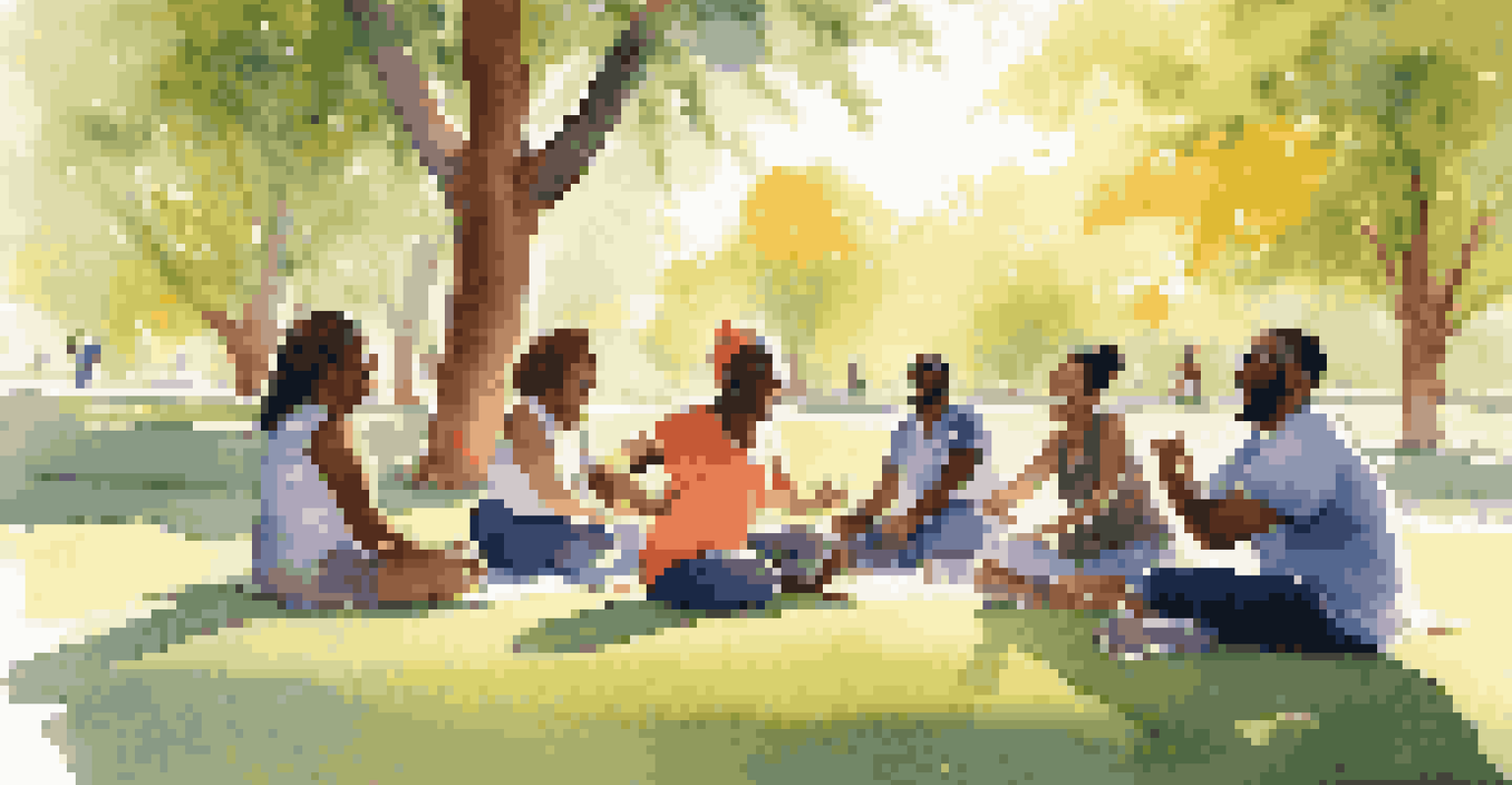 A diverse group of people laughing together in a circle during a laughter yoga session in a sunny park.