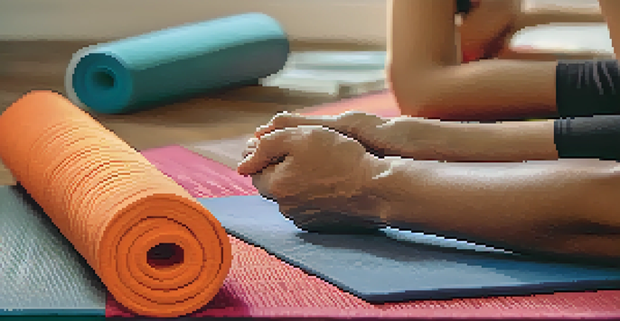 A close-up of hands in a meditative gesture on a yoga mat with colorful props.