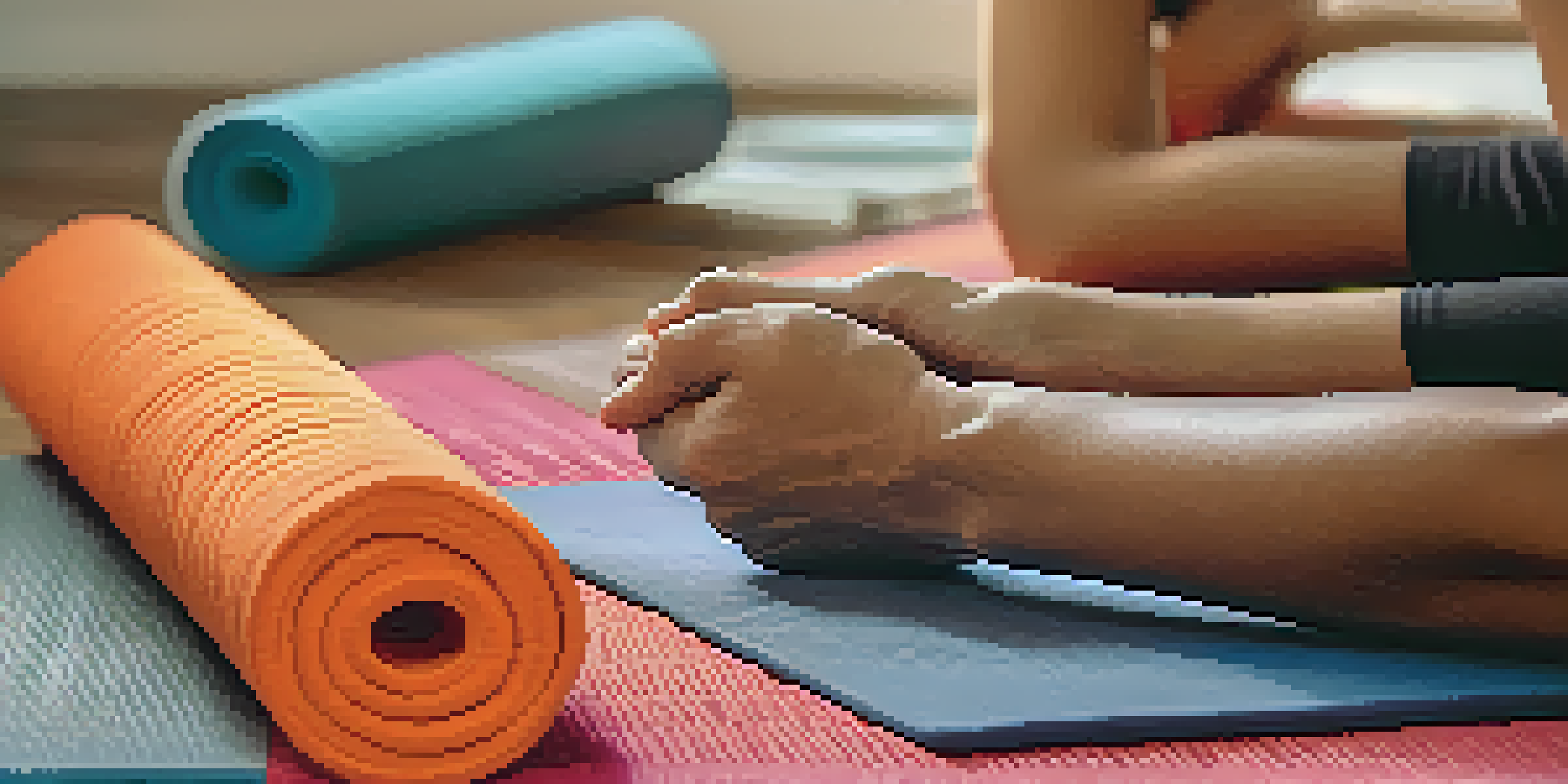 A close-up of hands in a meditative gesture on a yoga mat with colorful props.