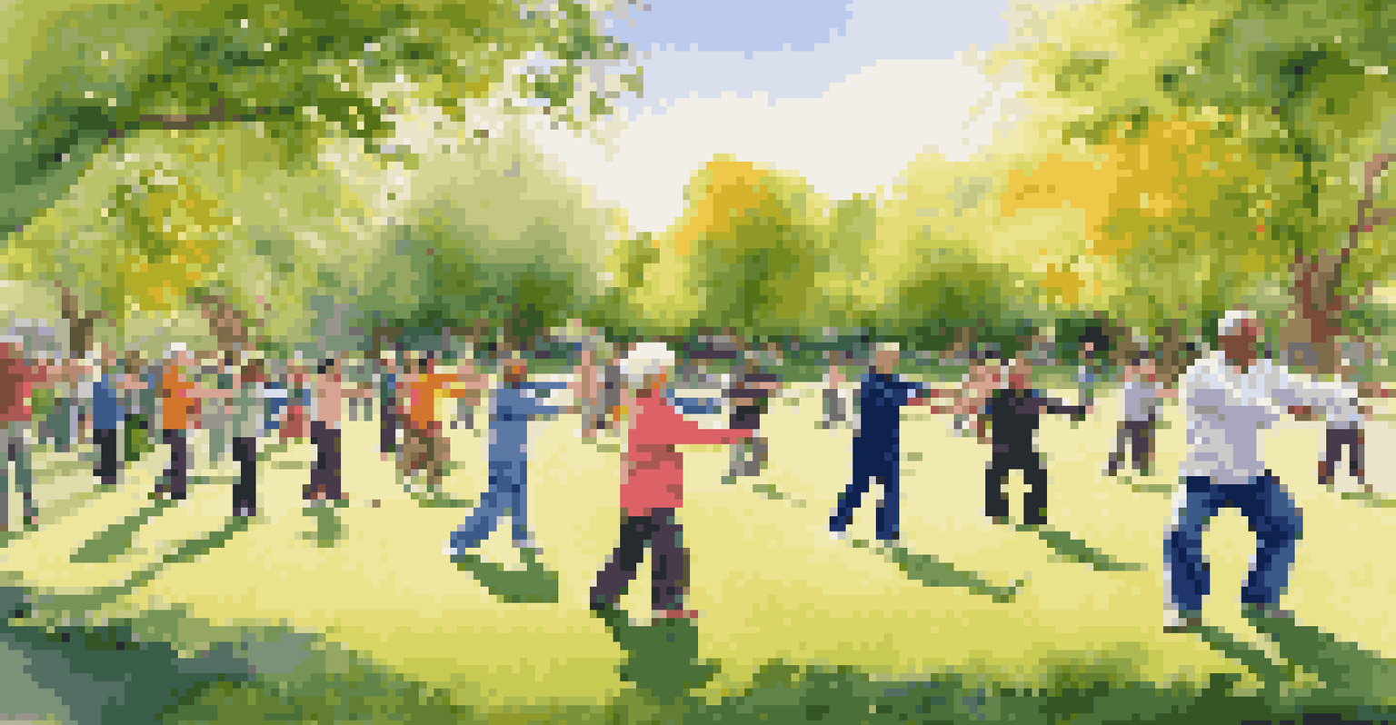 A diverse group of individuals practicing Tai Chi in a community park, showcasing various poses and a bright, sunny atmosphere.