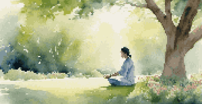 A person meditating in a tranquil garden filled with blooming flowers and soft sunlight.