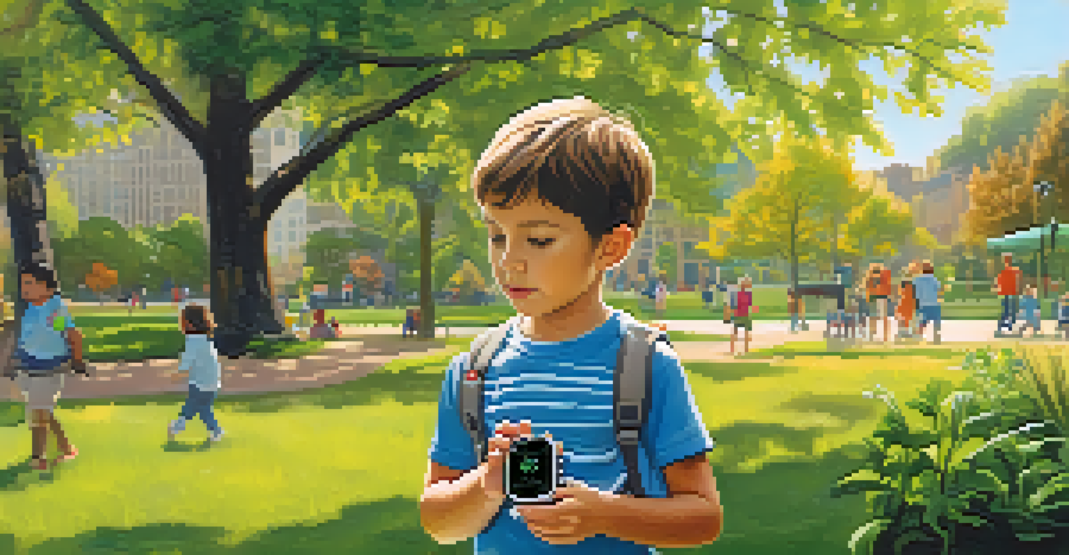 A child in a park wearing a smartwatch that shows an alert for allergen exposure.