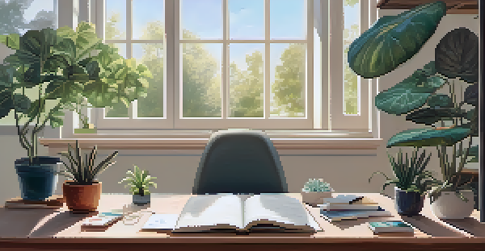 A bright and organized workspace with an open journal detailing biohacking techniques, surrounded by plants and bathed in natural light.