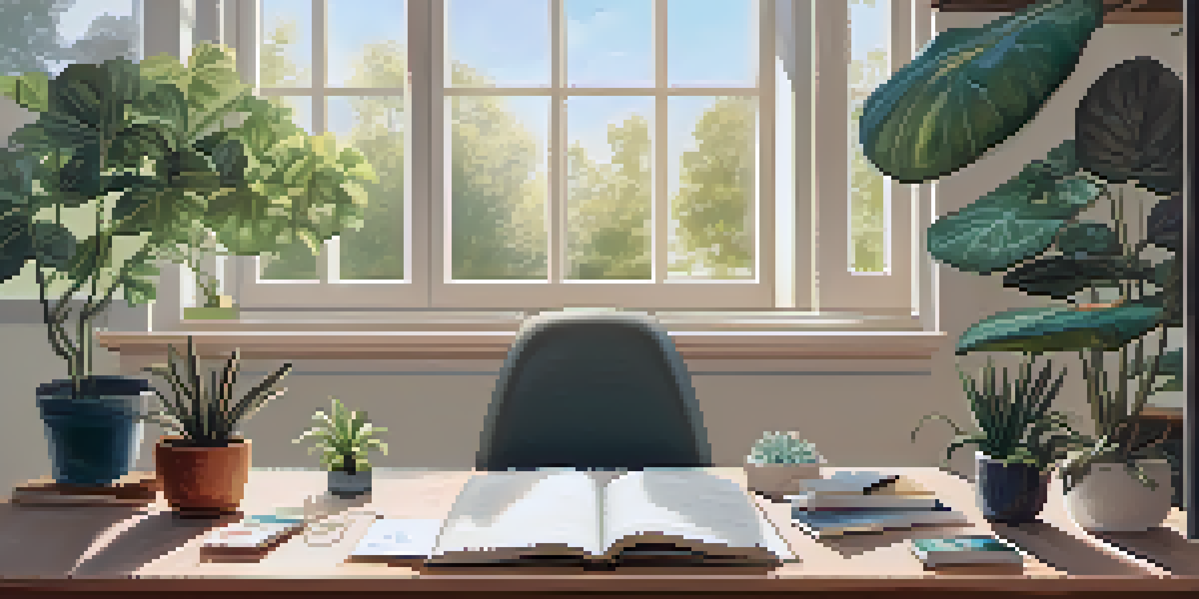 A bright and organized workspace with an open journal detailing biohacking techniques, surrounded by plants and bathed in natural light.