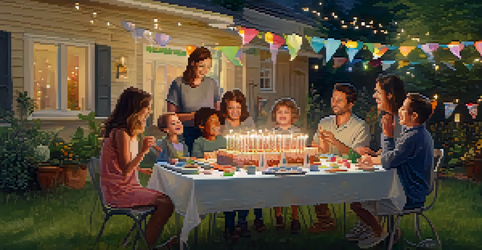 A family celebrating with balloons and a cake in a backyard, as a child blows out candles while surrounded by smiling relatives.