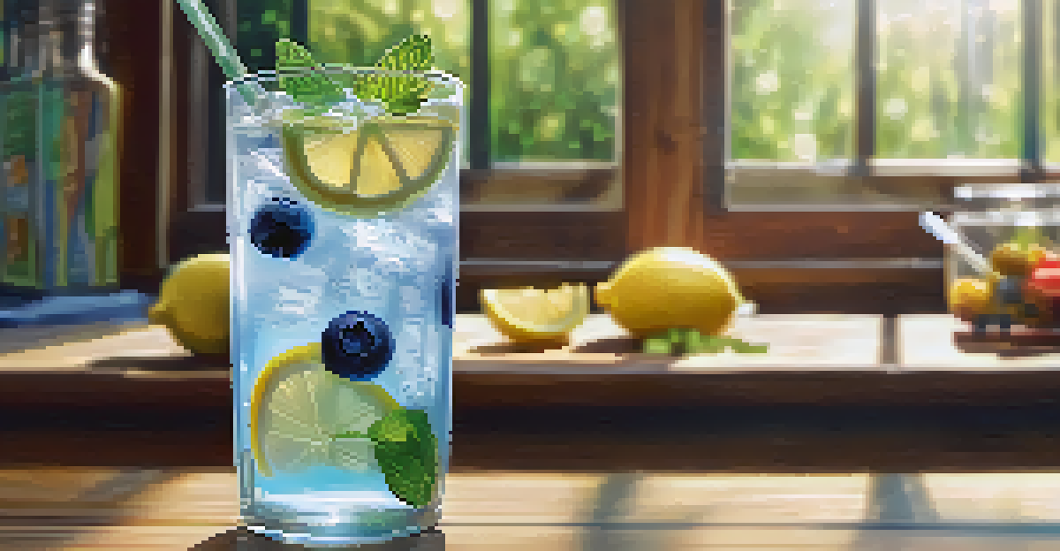 A glass of infused water with lemon and blueberries, with sunlight creating a sparkling effect.