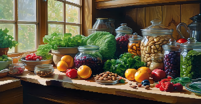 A bright kitchen with colorful functional foods like leafy greens, berries, and nuts on a wooden cutting board, illuminated by natural light.