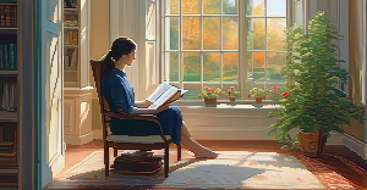 A cozy room with soft lighting and a person sitting in a comfortable chair, writing in a journal while looking out at a peaceful garden.
