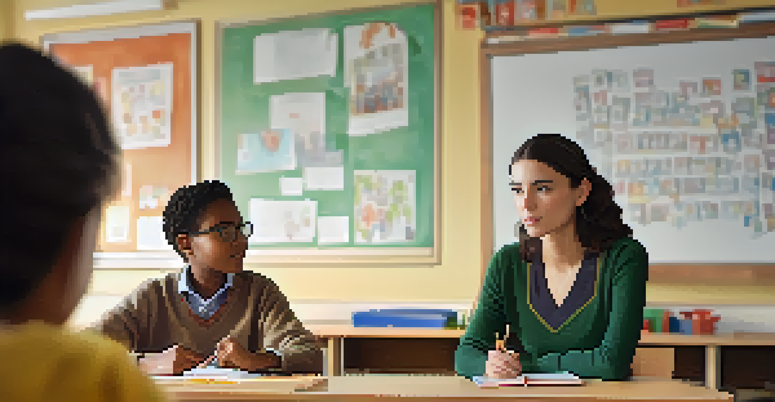 A teacher showing active listening to a student in a cozy classroom, emphasizing empathy and connection.