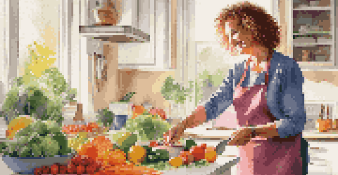 A health coach in a modern kitchen, preparing a healthy meal with fresh fruits and vegetables, smiling and engaging with the audience.