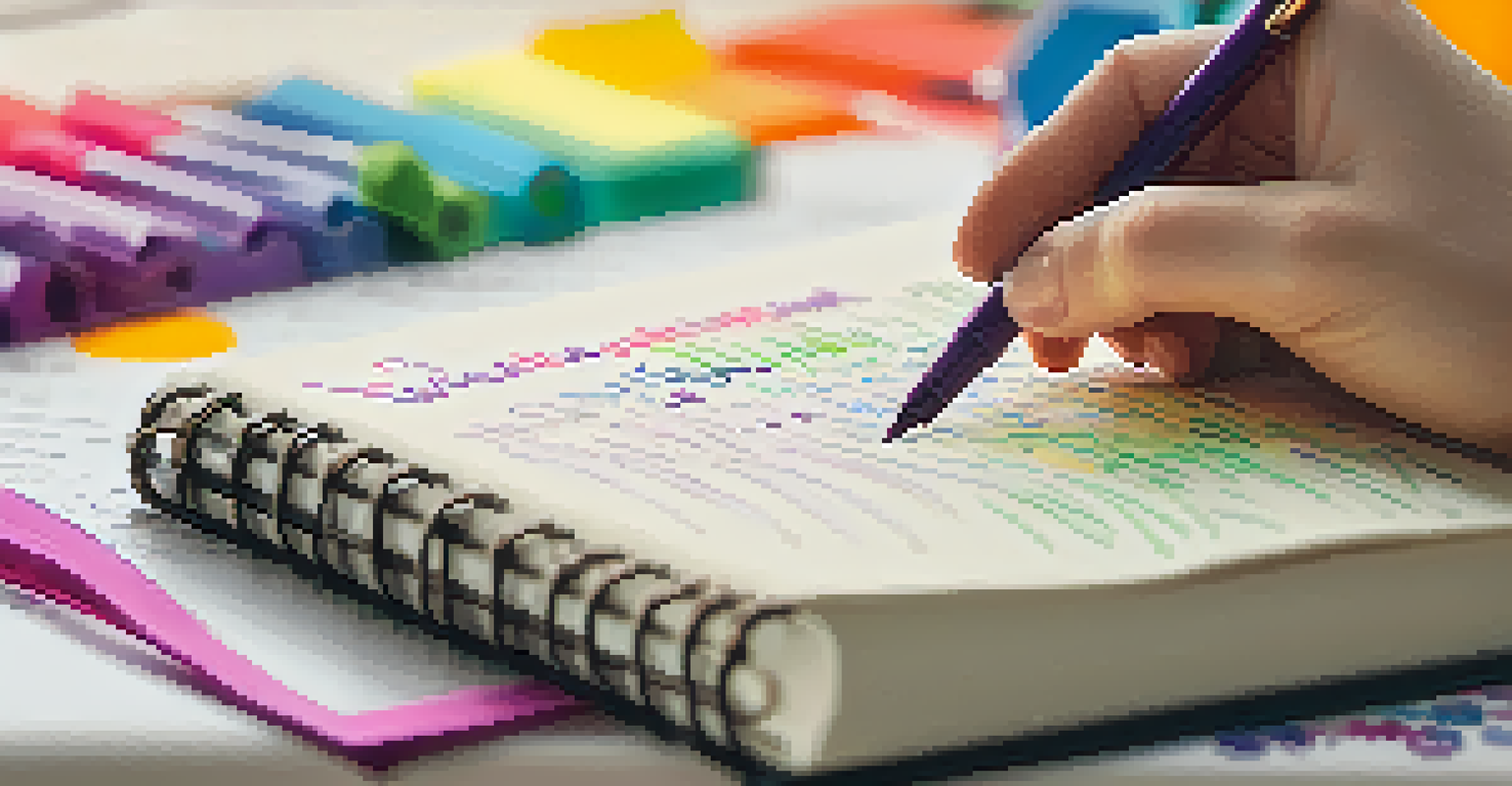 A close-up of a hand writing in a journal filled with CBT techniques, colorful pens, and motivational sticky notes, with a cozy blanket in the background.