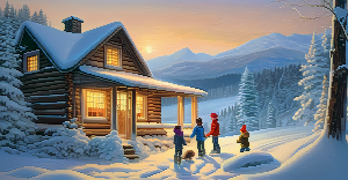 A winter scene featuring a cozy cabin with warm light glowing from its windows, surrounded by snow-covered trees, and children building a snowman in the foreground.