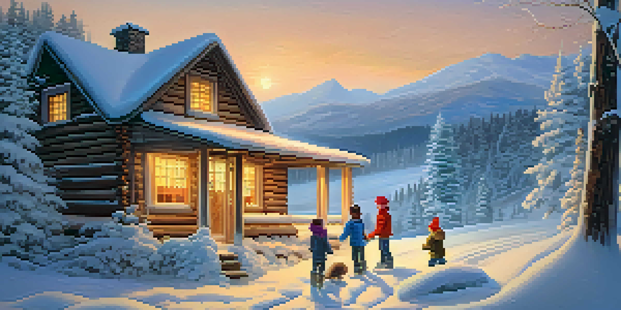 A winter scene featuring a cozy cabin with warm light glowing from its windows, surrounded by snow-covered trees, and children building a snowman in the foreground.