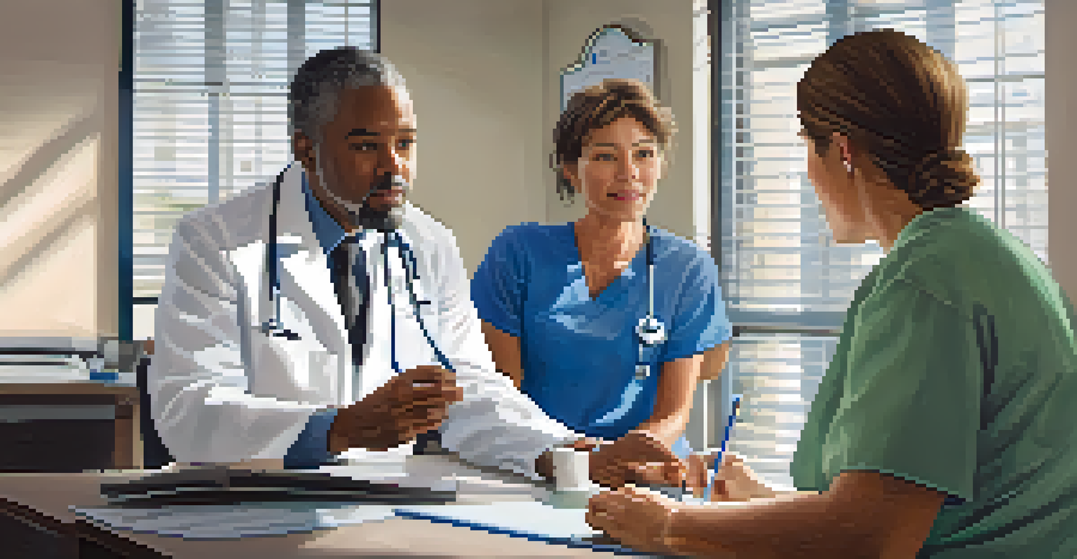 A healthcare provider sitting with a patient in a well-lit office, discussing family health history and showing attentive listening.