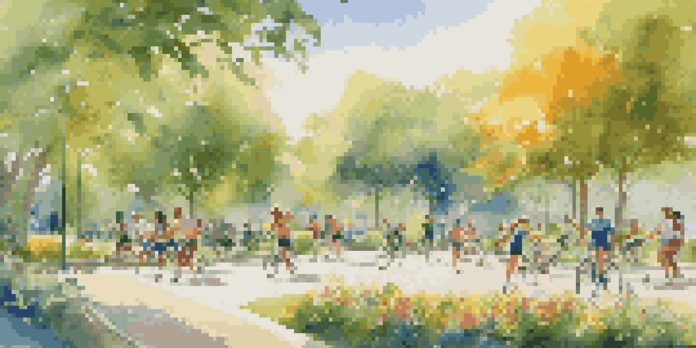 A sunny park with people jogging, practicing yoga, and cycling among lush greenery and colorful flowers.