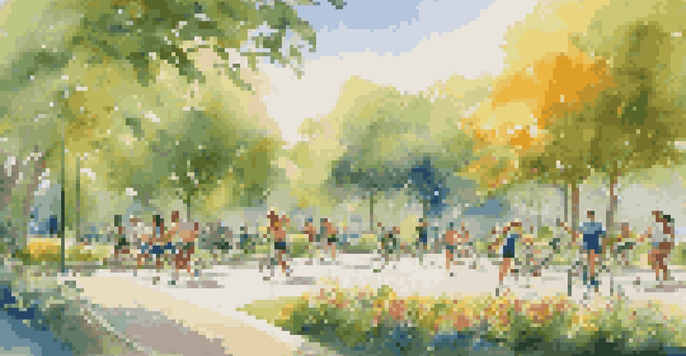 A sunny park with people jogging, practicing yoga, and cycling among lush greenery and colorful flowers.