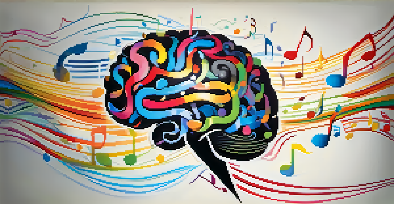 A creative illustration of a brain with musical notes and vibrant patterns, symbolizing the influence of music on cognition.