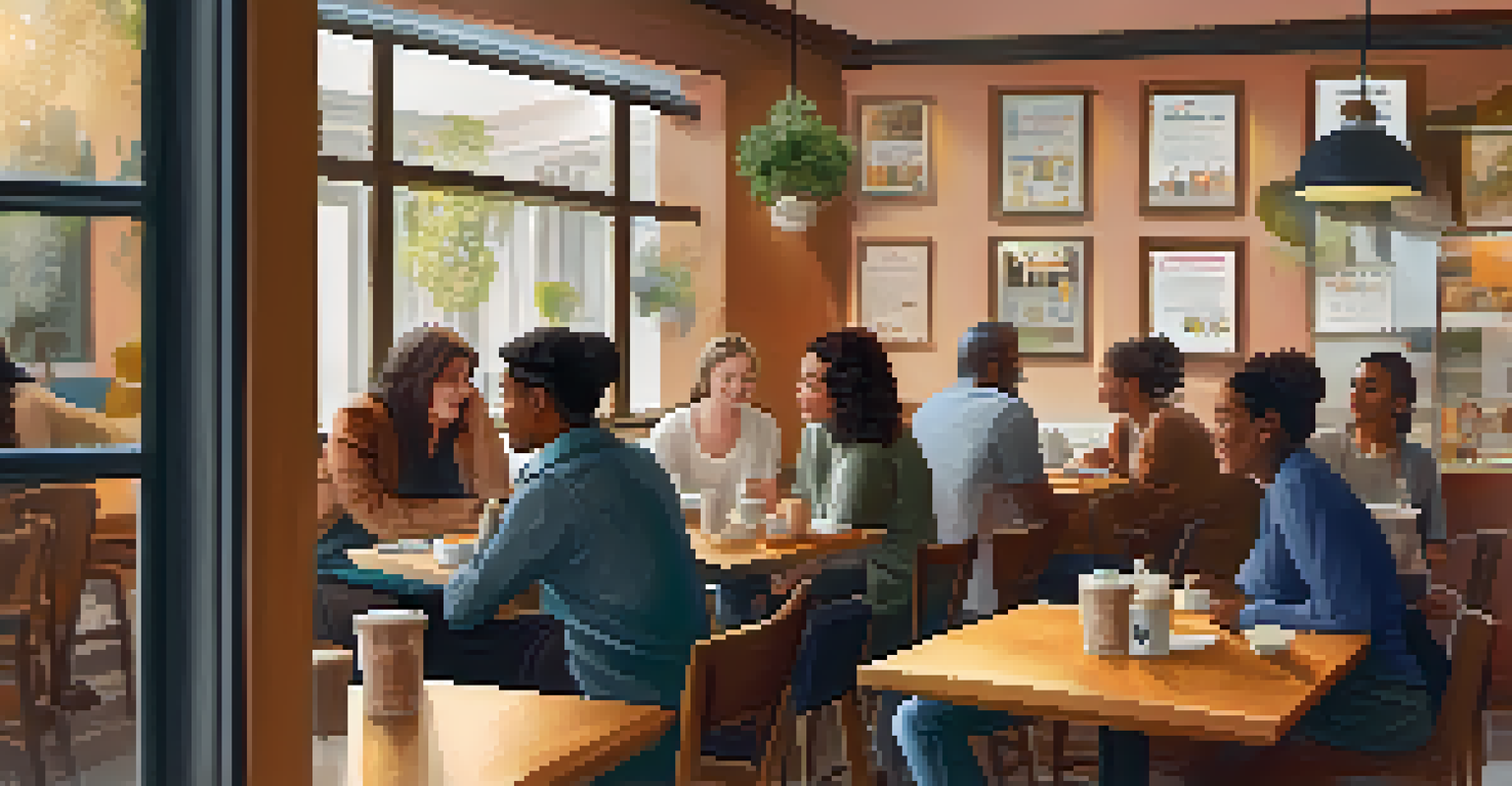 A local café hosting a mental health awareness workshop with people engaged in conversation and a mental health professional speaking.