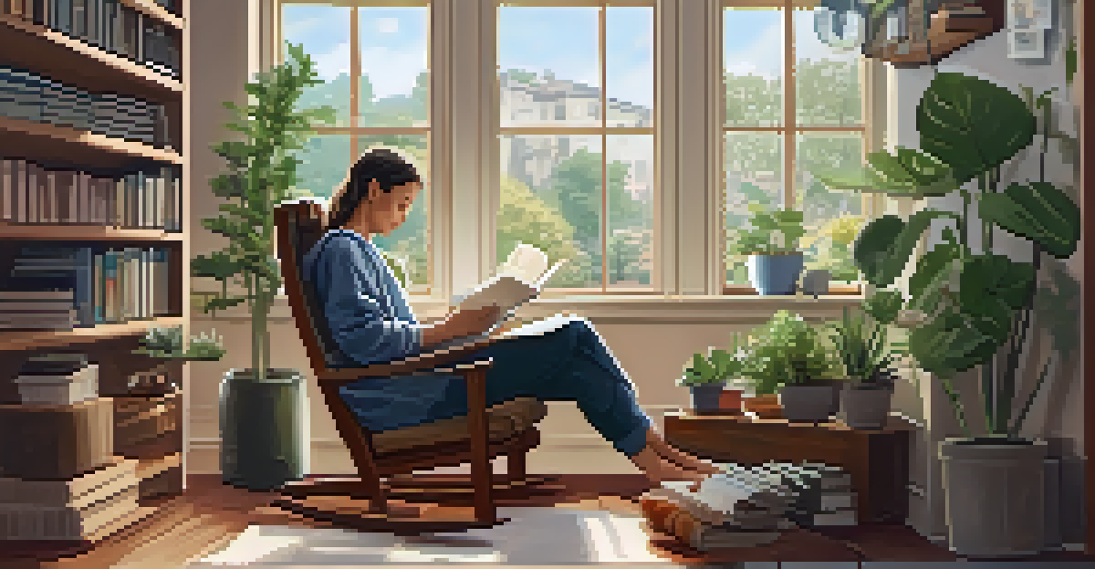 A cozy reading nook with a person journaling, a cup of tea nearby, and plants around them.